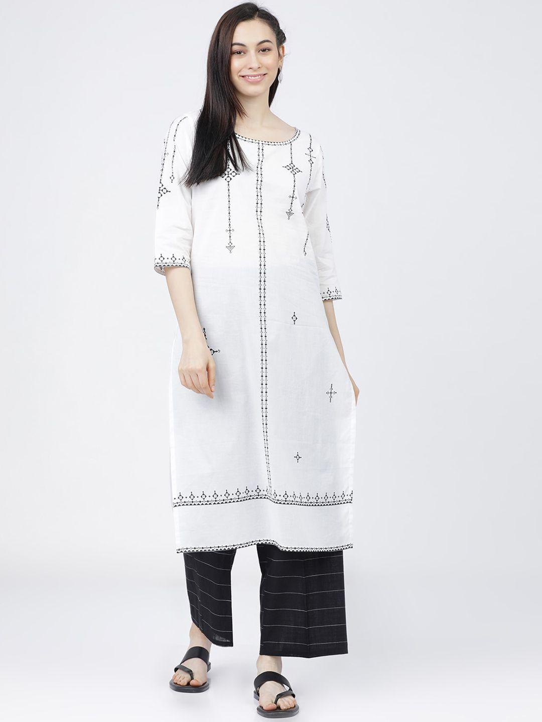 vishudh women off white embroidered regular pure cotton kurta with palazzo