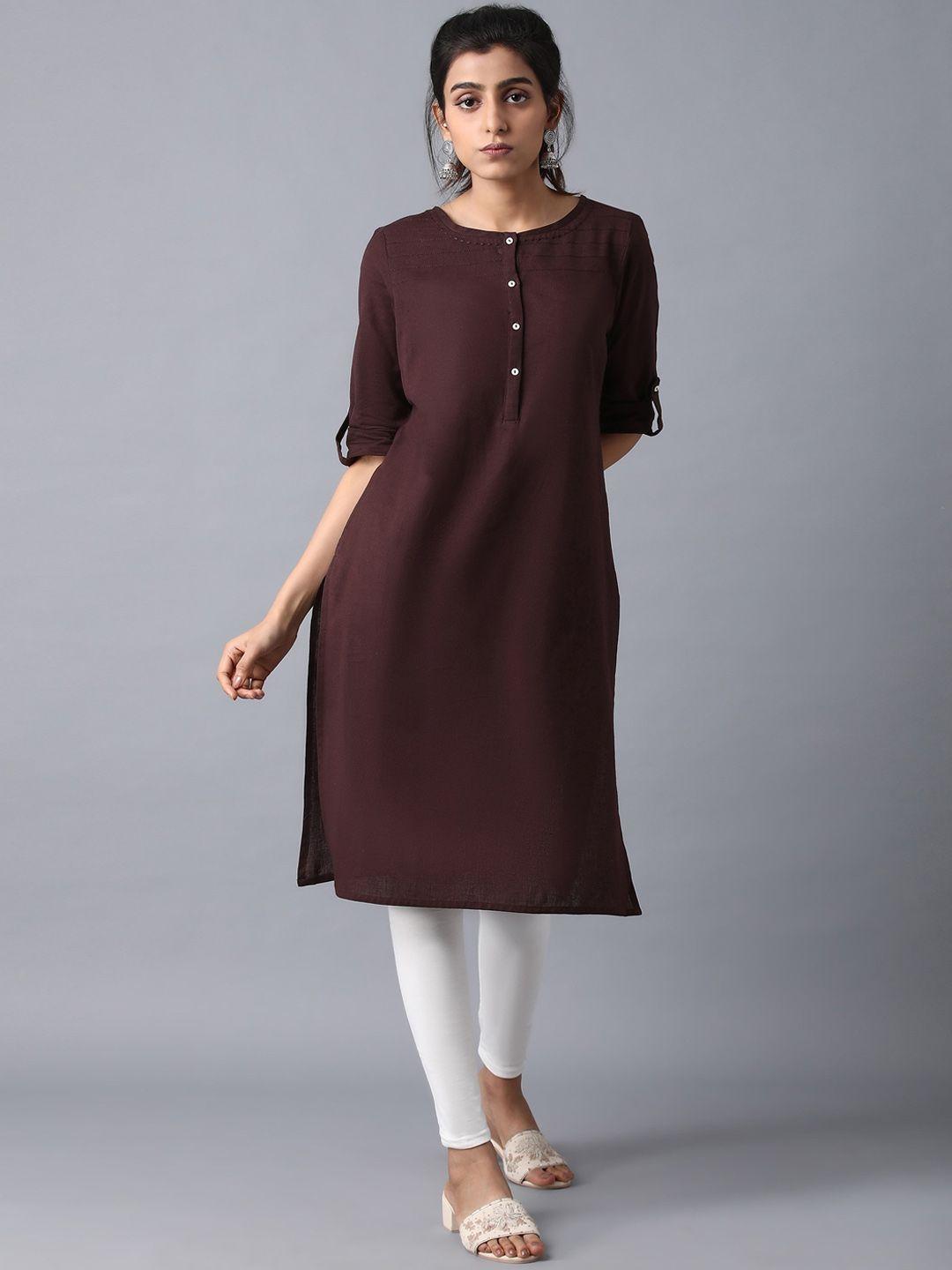 w women brown round neck solid kurta