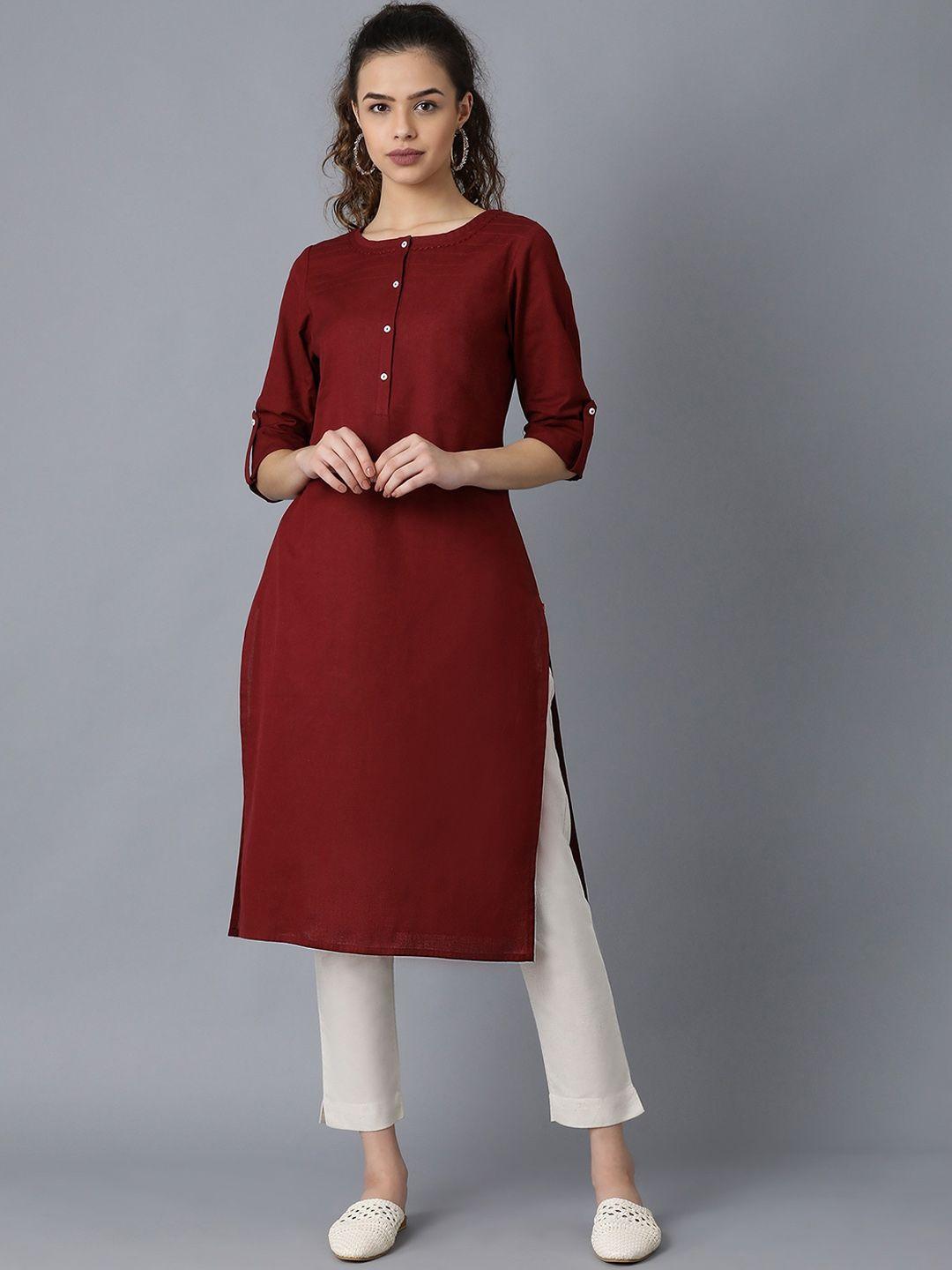 w women maroon round neck solid kurta