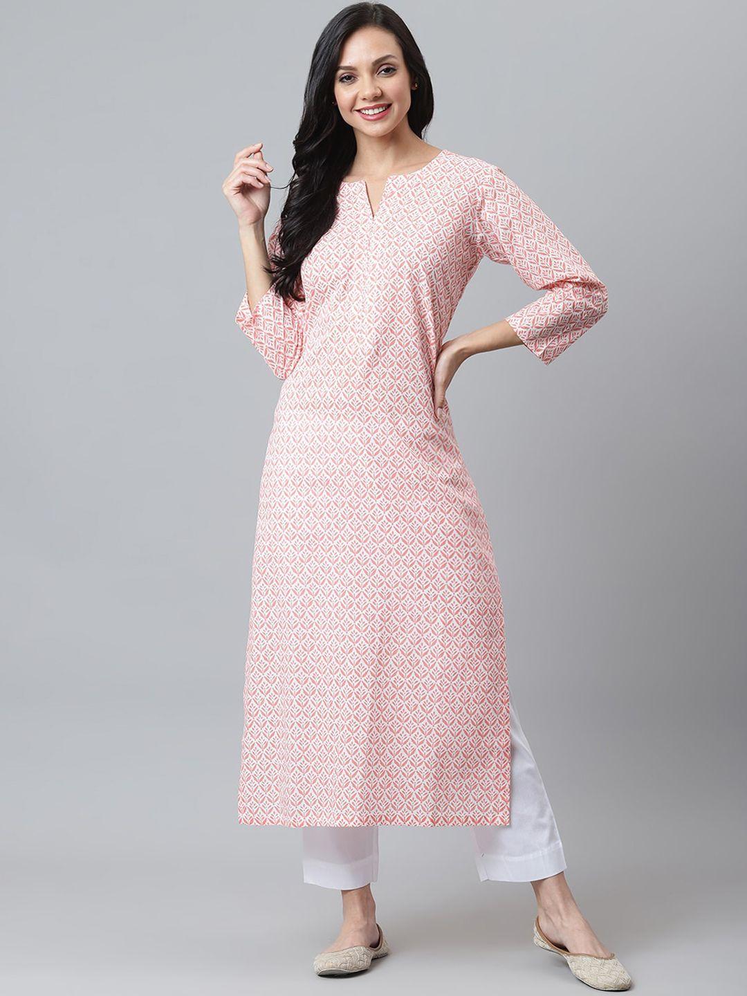 maaisarah women peach-coloured geometric checked keyhole neck flared sleeves thread work block print kurta