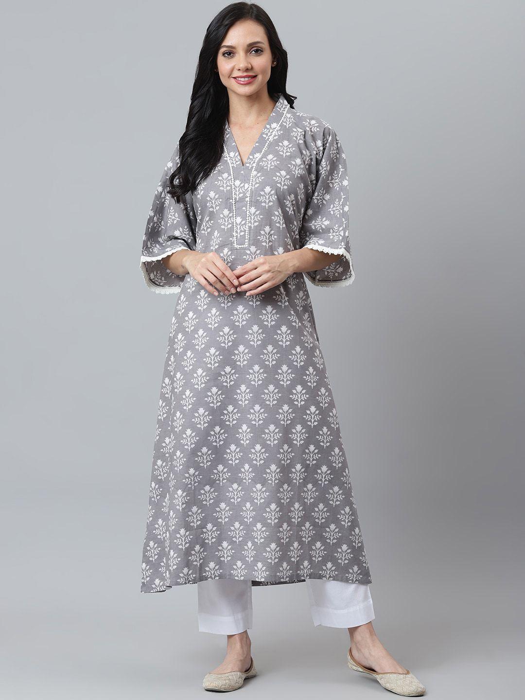 maaisarah women grey printed flared sleeves thread work block print handloom kurta