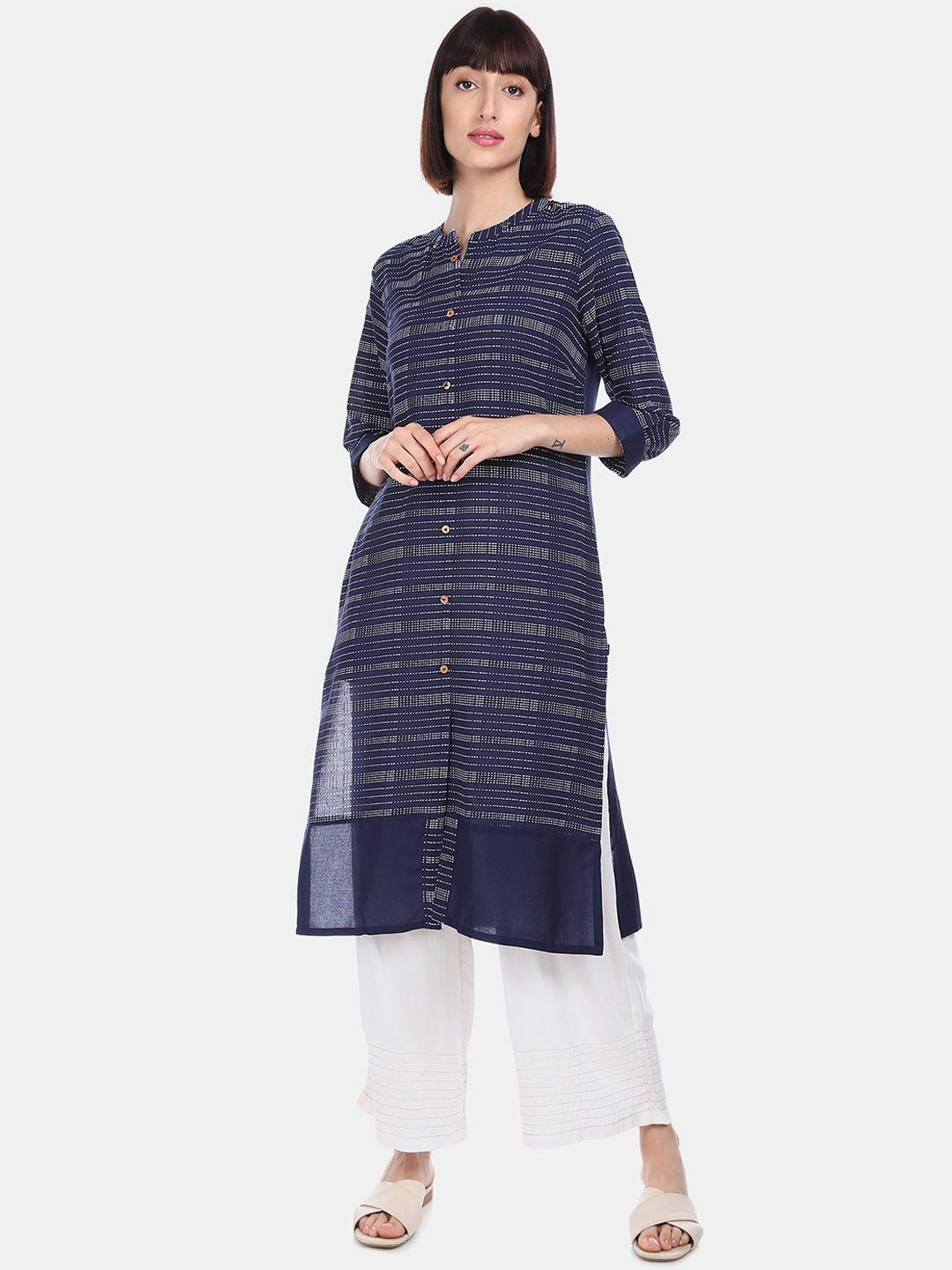 karigari women navy blue & white striped kurta