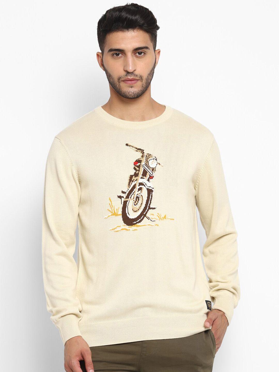 royal enfield men cream-coloured & brown printed pure cotton pullover