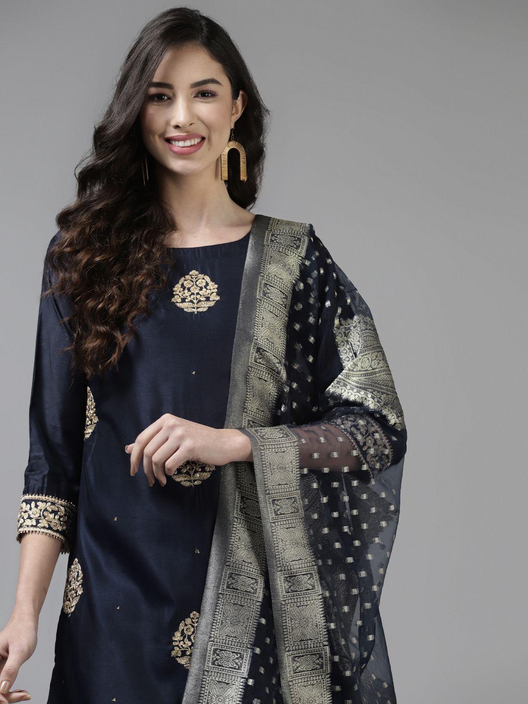 indo era navy blue & gold striped ethnic embroidered liva straight kurta palazzos dupatta