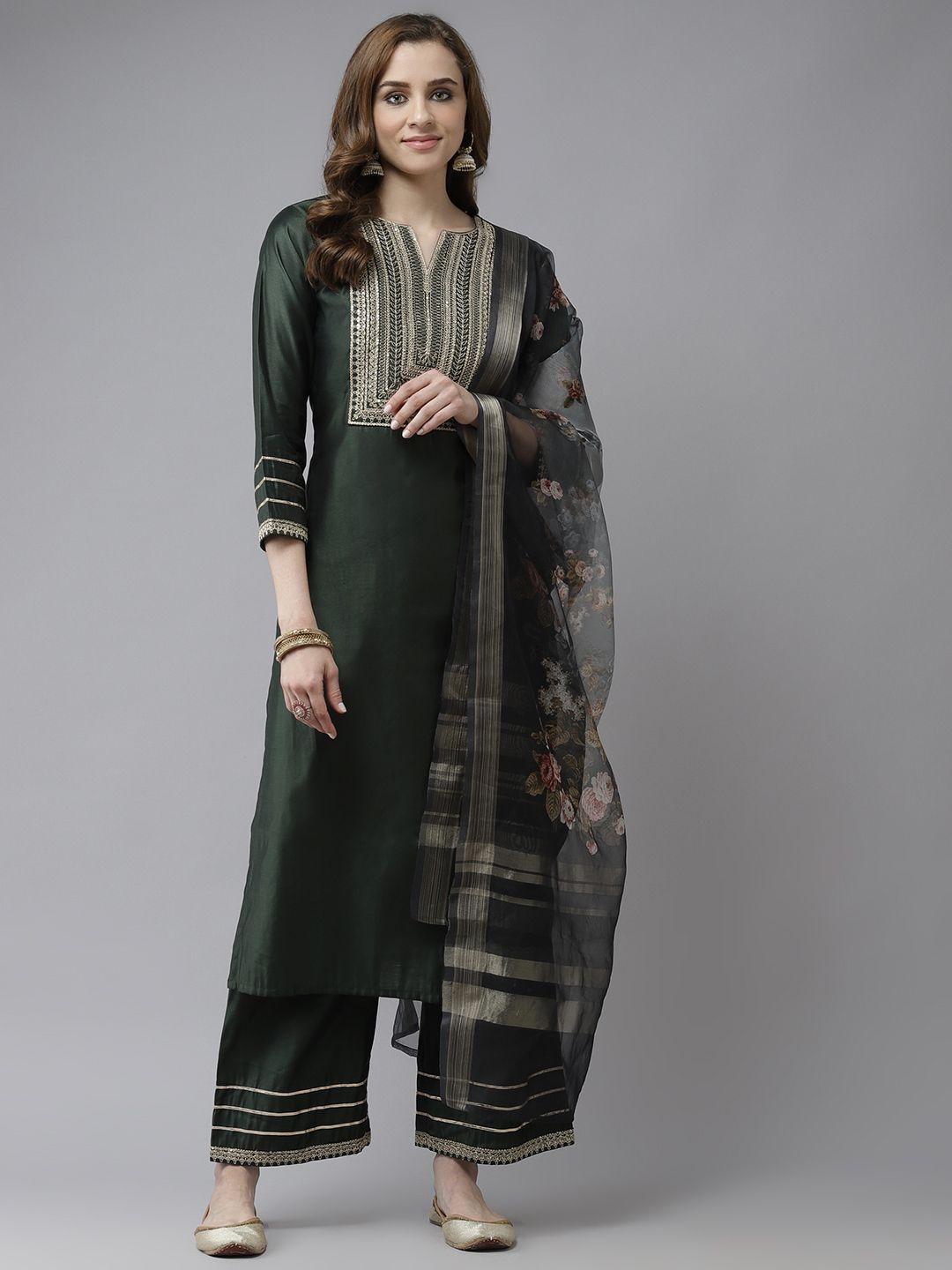 indo era green & gold striped yoke embroidered liva straight kurta trousers & with dupatta