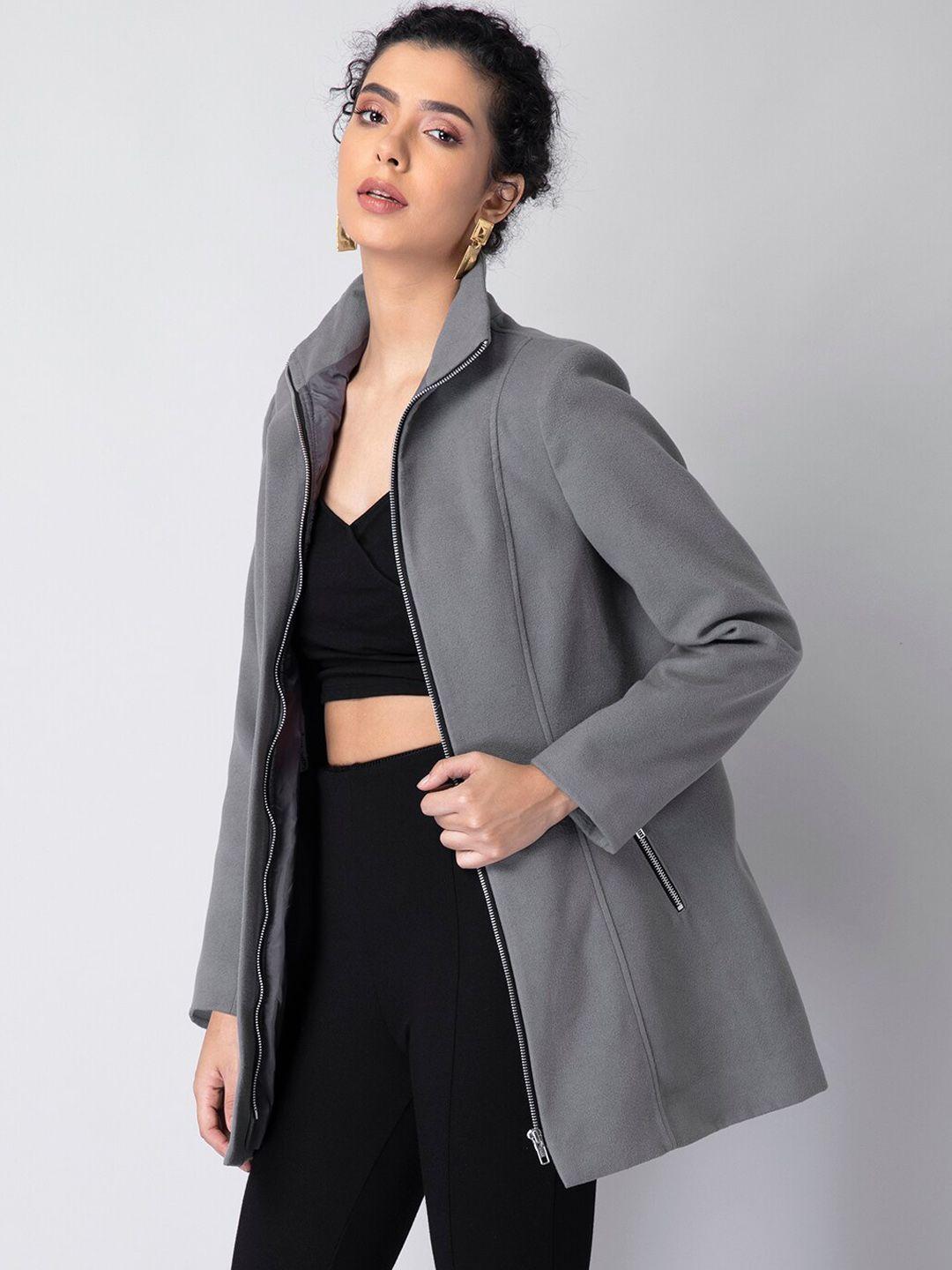 faballey women grey solid regular-fit overcoat