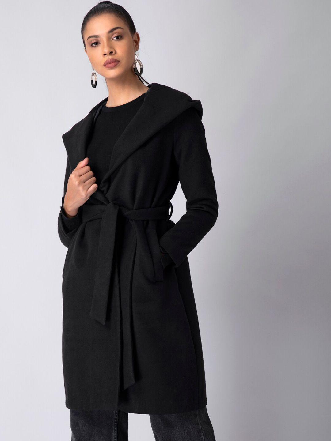 faballey women black solid single-breasted overcoat