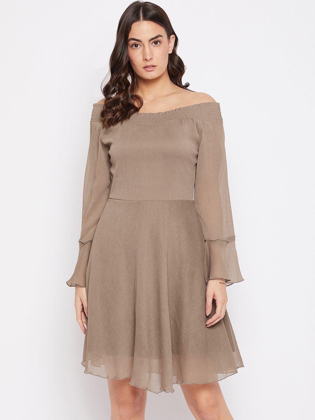 purys brown off-shoulder georgette a-line dress