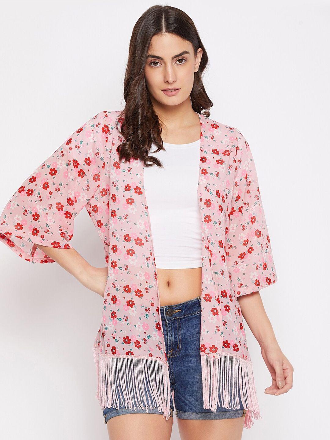 purys women pink & red printed tasselled kimono shrug