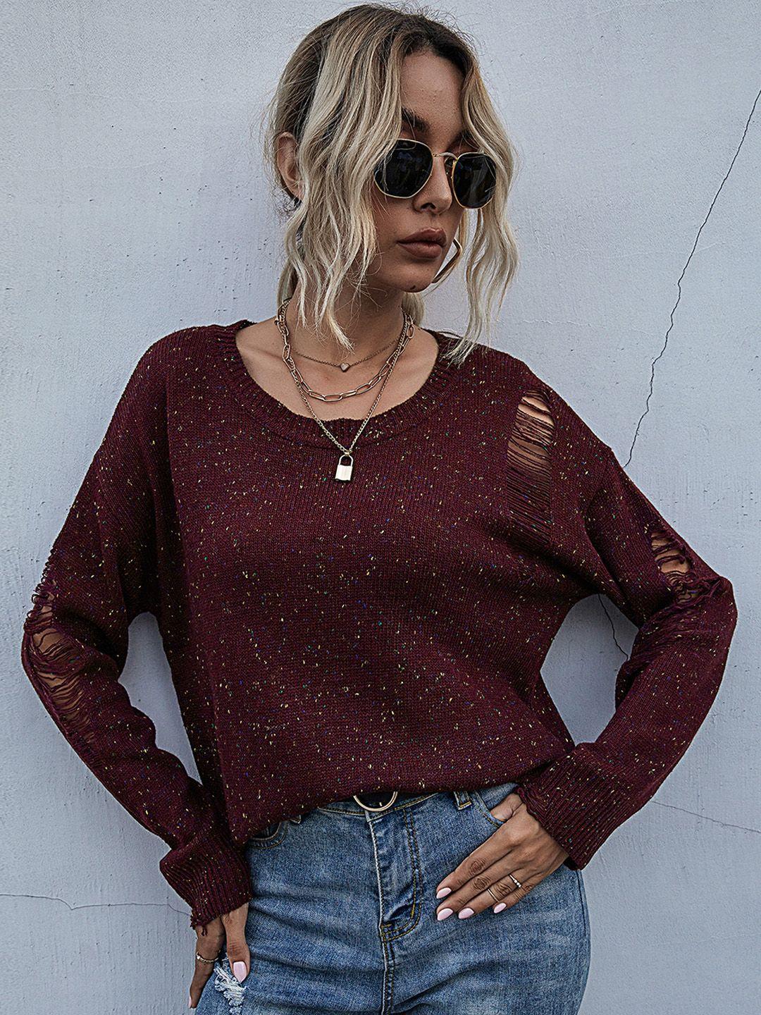 urbanic women burgundy speckled pullover with ripped detail