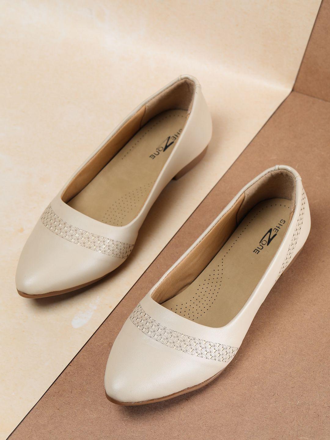 shezone women cream-coloured textured ballerinas flats