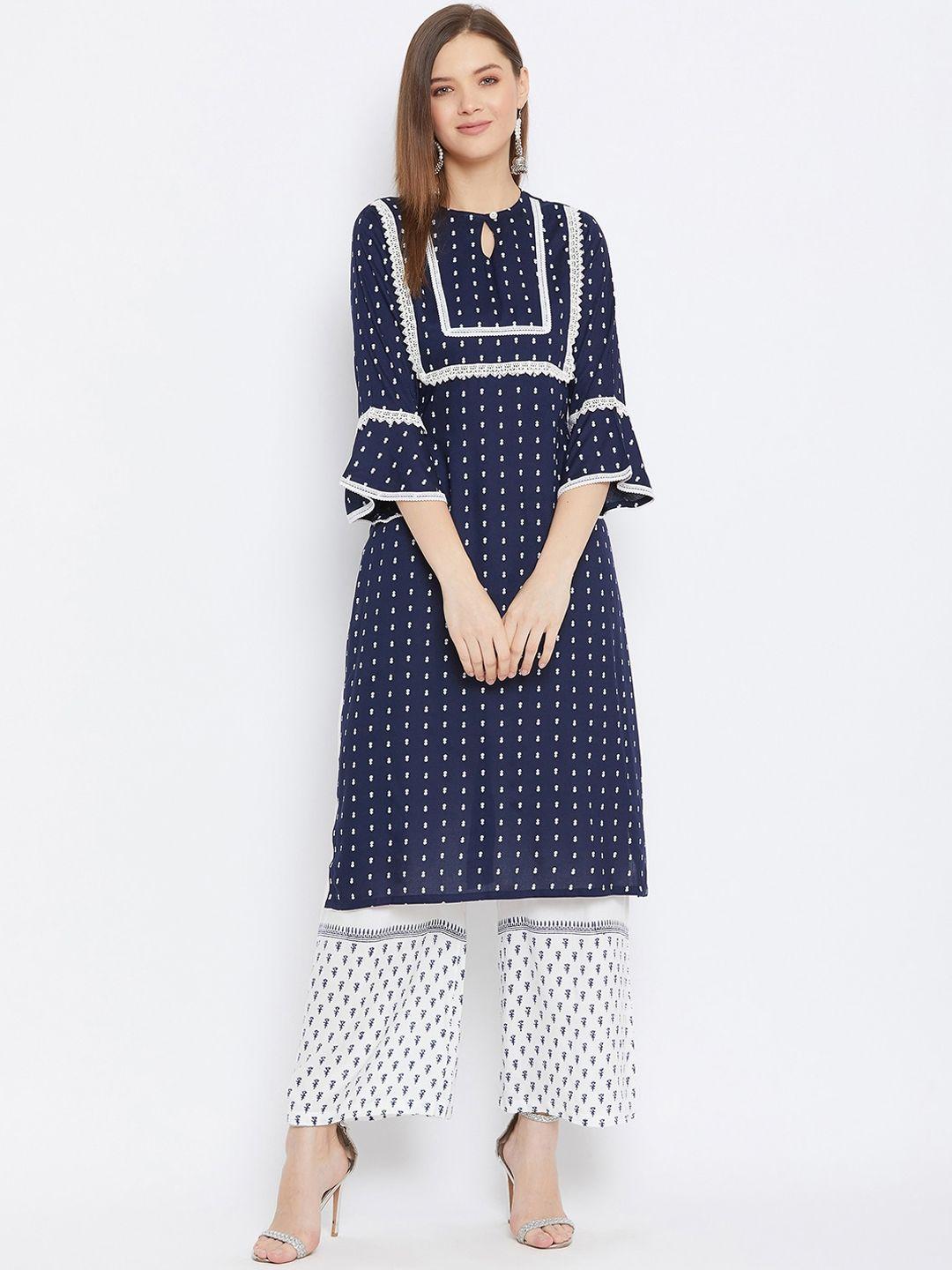 bitterlime women navy blue floral printed regular kurta with palazzos