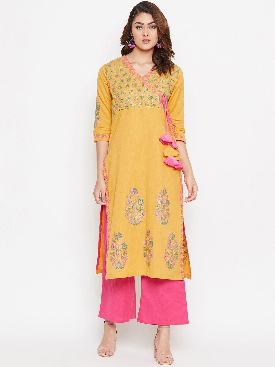 bitterlime women mustard yellow ethnic motifs printed regular pure cotton kurta with palazzos