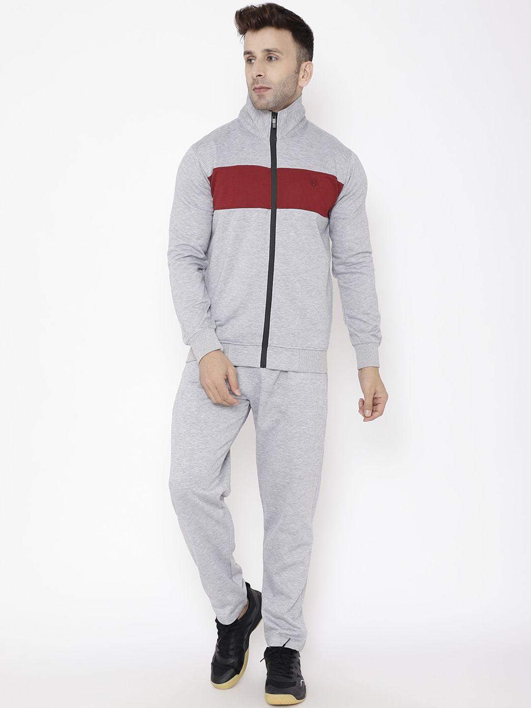 chkokko men grey & maroon colourblocked comfort fit pure fleece cotton tracksuit