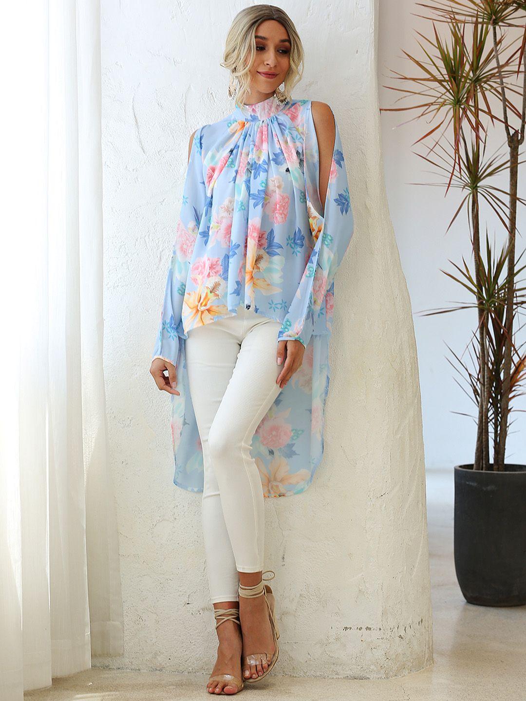 urbanic blue & pink floral print high-low top