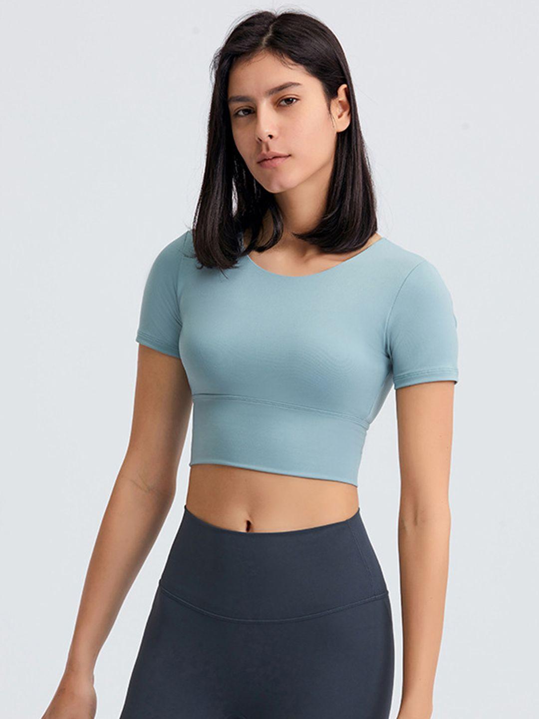 urbanic women blue solid styled back crop t-shirt