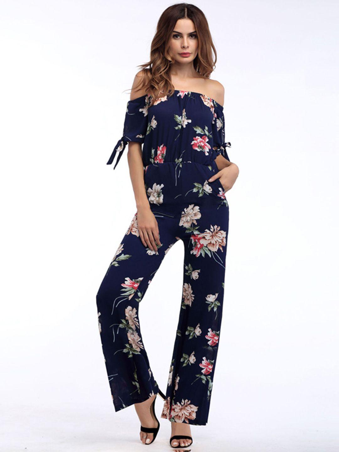 urbanic women navy blue & beige floral print off-shoulder basic jumpsuit