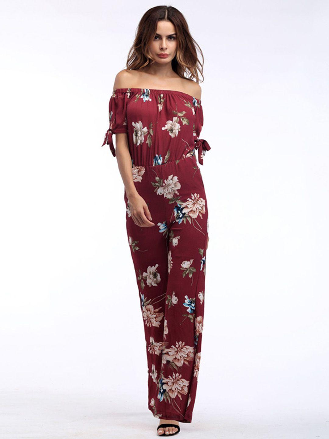 urbanic women maroon & beige floral print off-shoulder basic jumpsuit