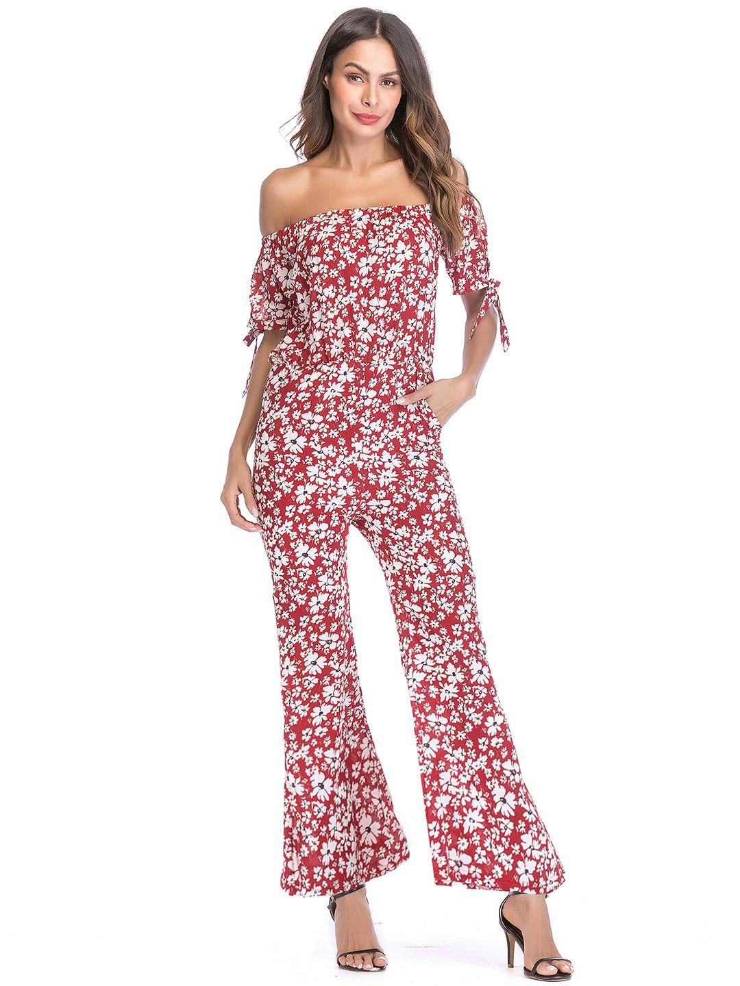 urbanic red & white off-shoulder printed basic jumpsuit