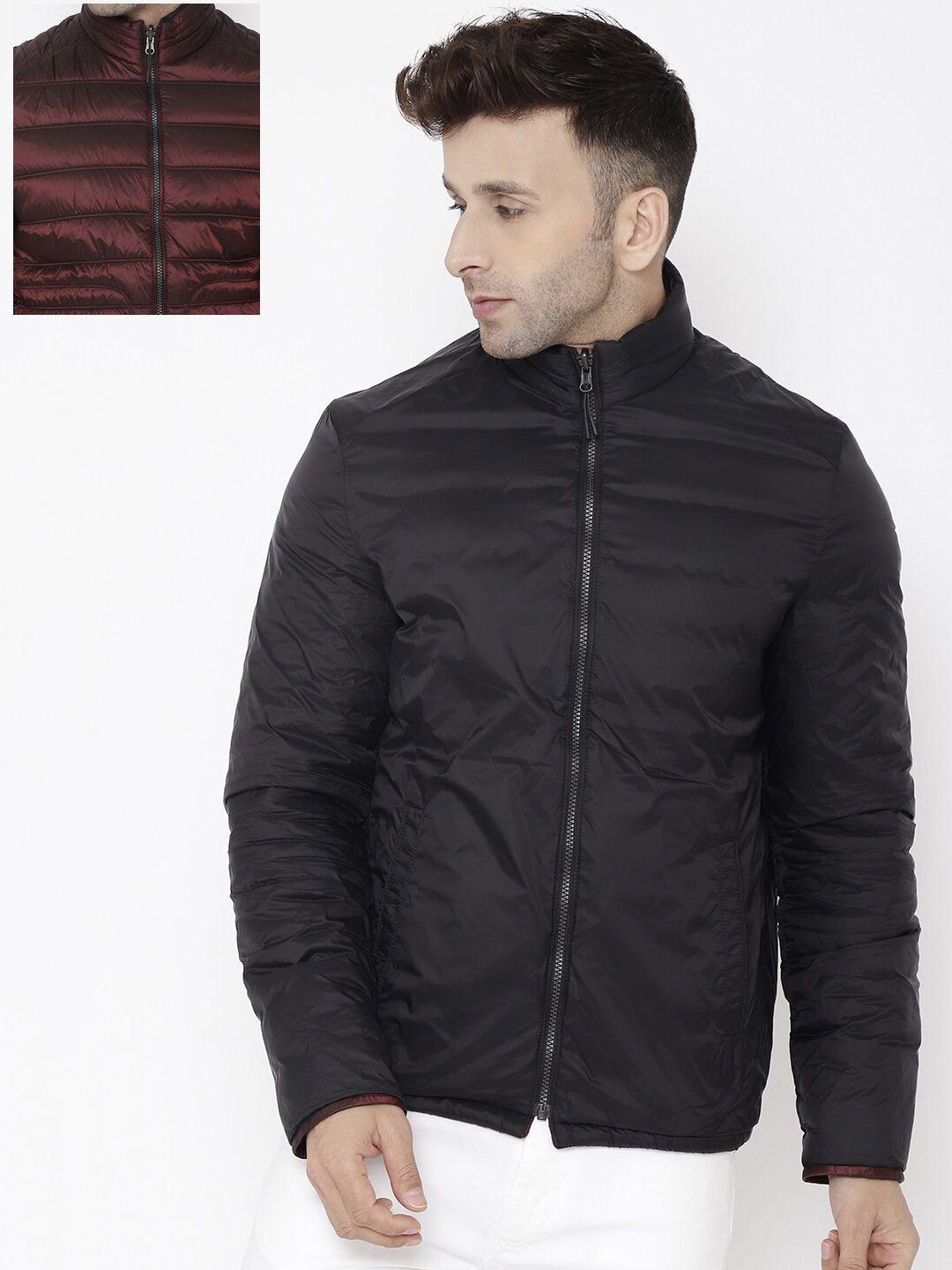 lure urban men maroon & black solid reversible padded jacket