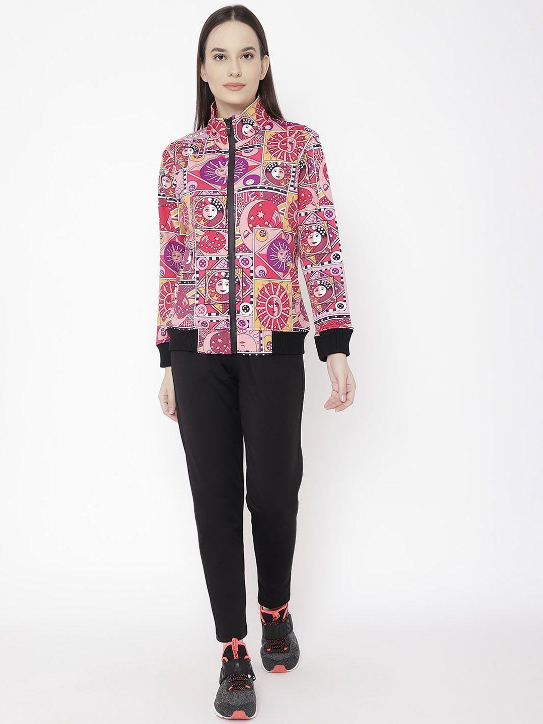 chkokko women pink & black geometric printed tracksuits