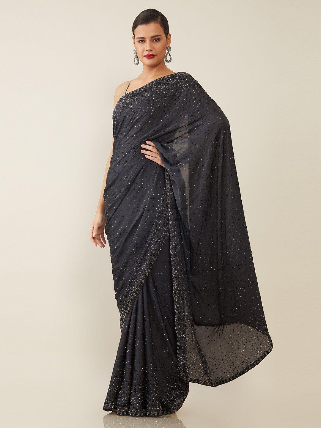 soch grey & gold-toned embellished beads and stones satin fusion saree