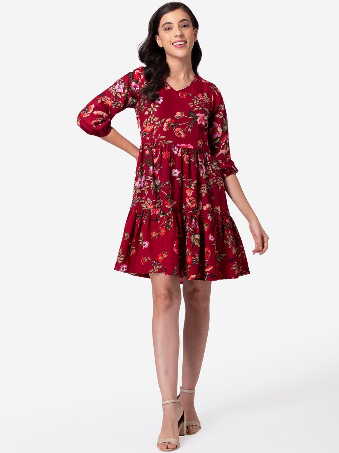 deebaco maroon floral print flared dress