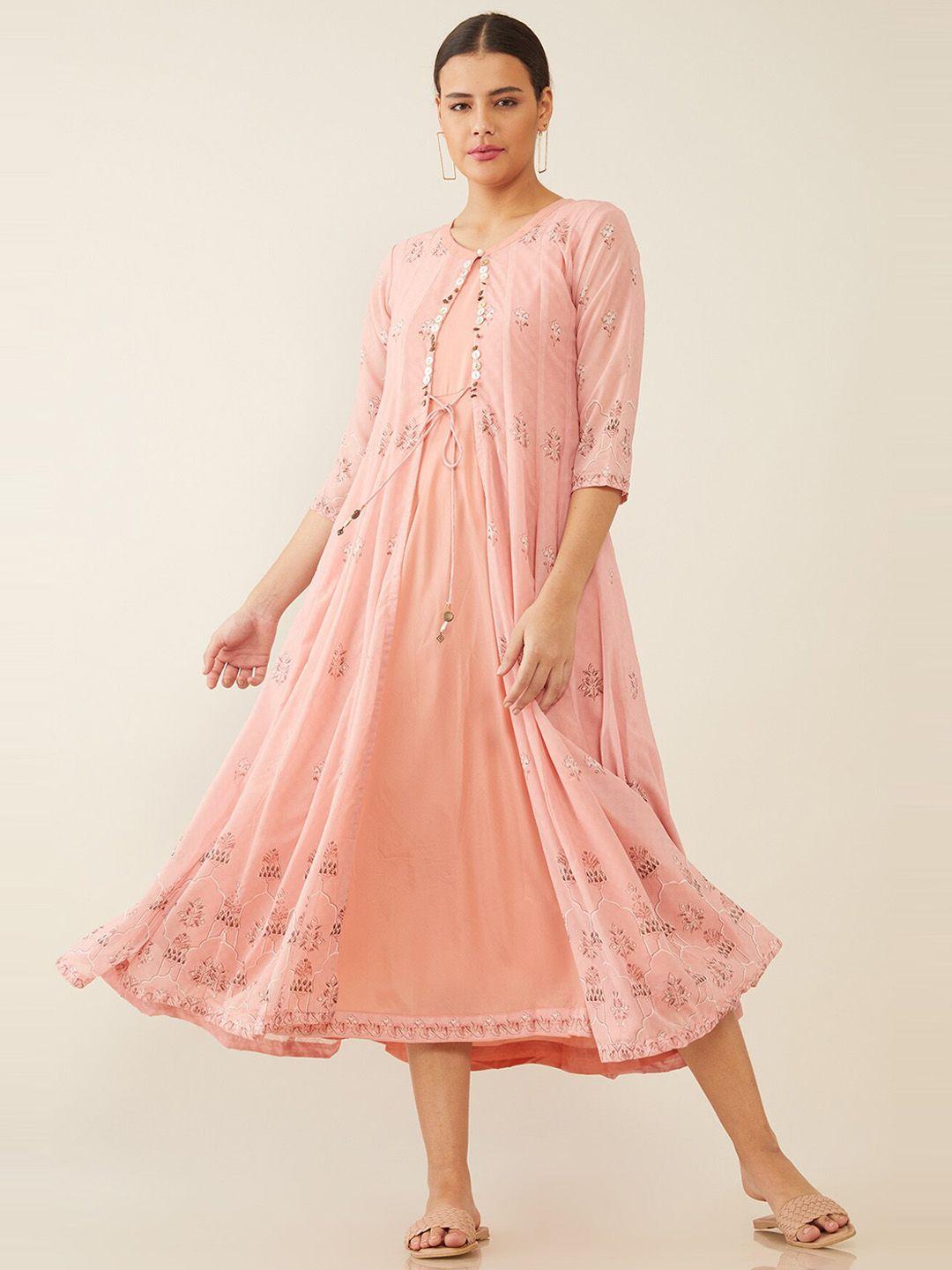 soch pink ethnic motifs layered ethnic a-line midi dress