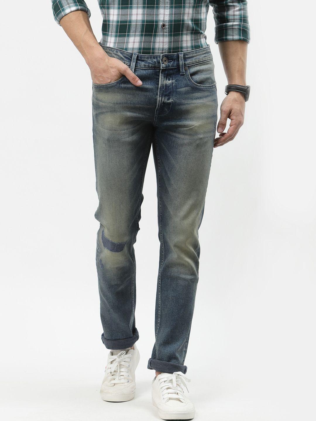 pepe jeans men blue low-rise heavy fade applique jeans