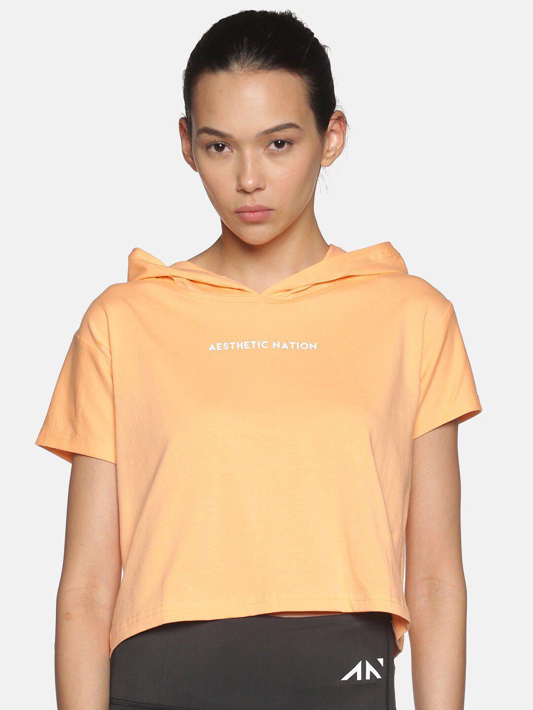 aesthetic nation women orange printed hooded loose t-shirt