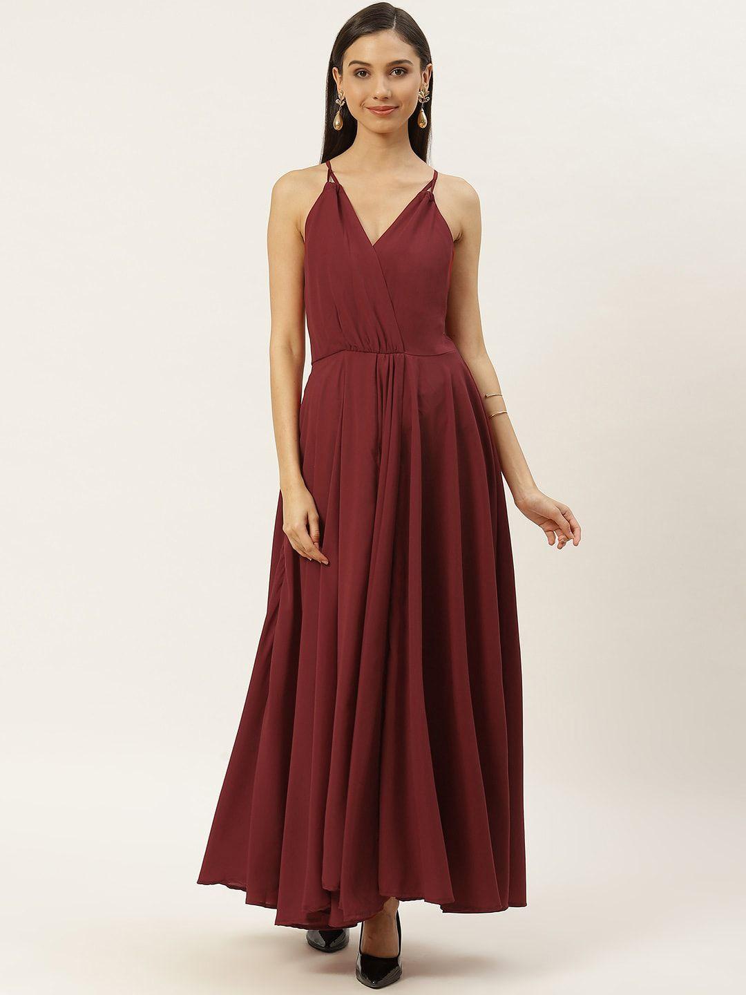 dodo & moa women maroon solid shoulder straps maxi dress