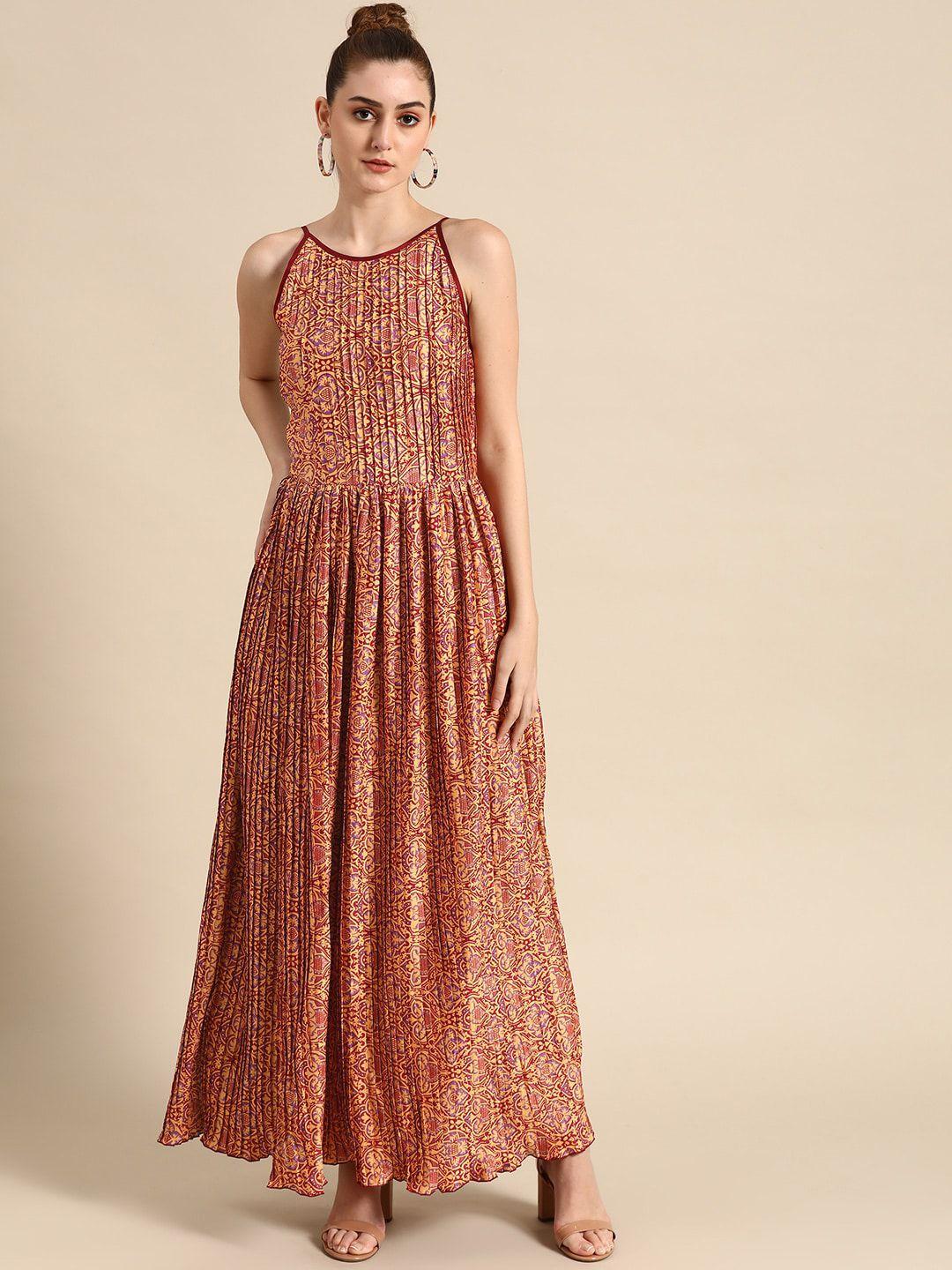 dodo & moa women cream-coloured & maroon ethnic motifs satin maxi dress