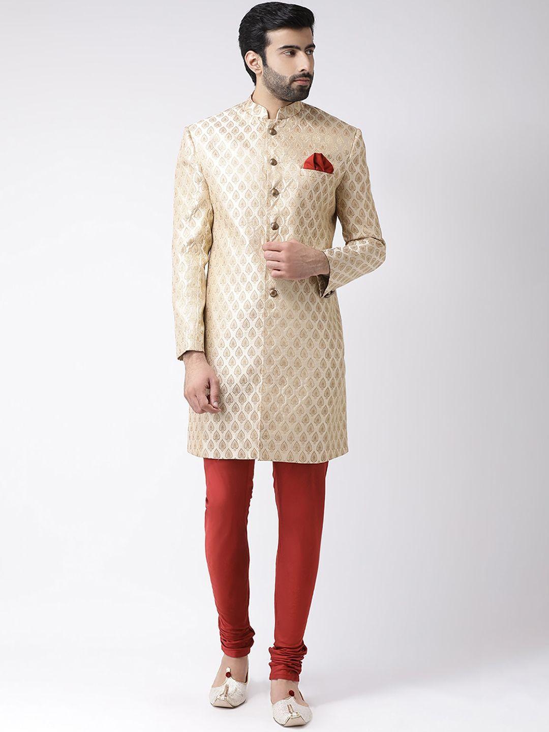 kisah men beige woven design cotton sherwani set