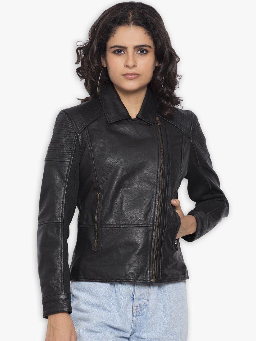 justanned women black striped leather crop outdoor biker jacket