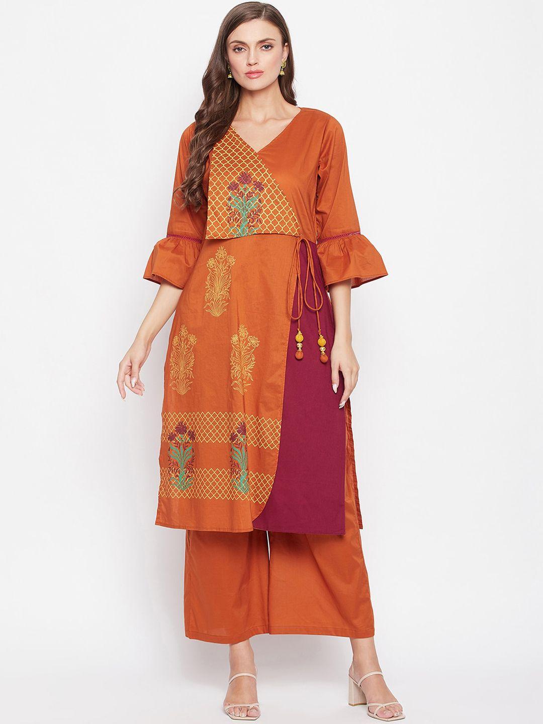 bitterlime women rust & maroon floral printed angrakha pure cotton kurta with palazzos