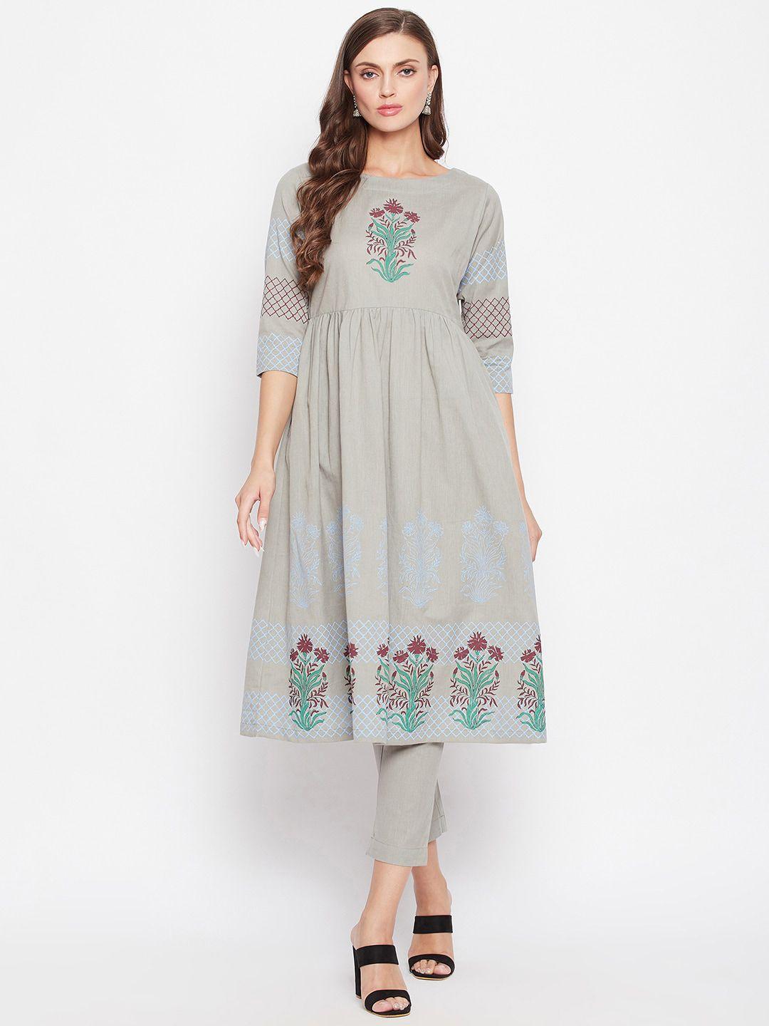 bitterlime women grey & blue motifs block printed pleated pure cotton kurta with trousers