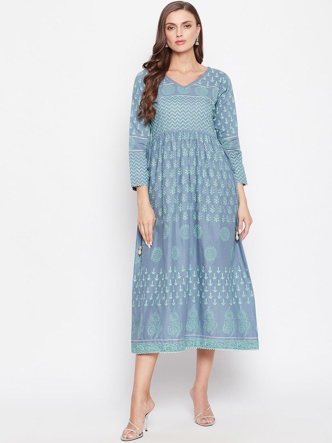 bitterlime women grey ethnic motifs printed block print kurta