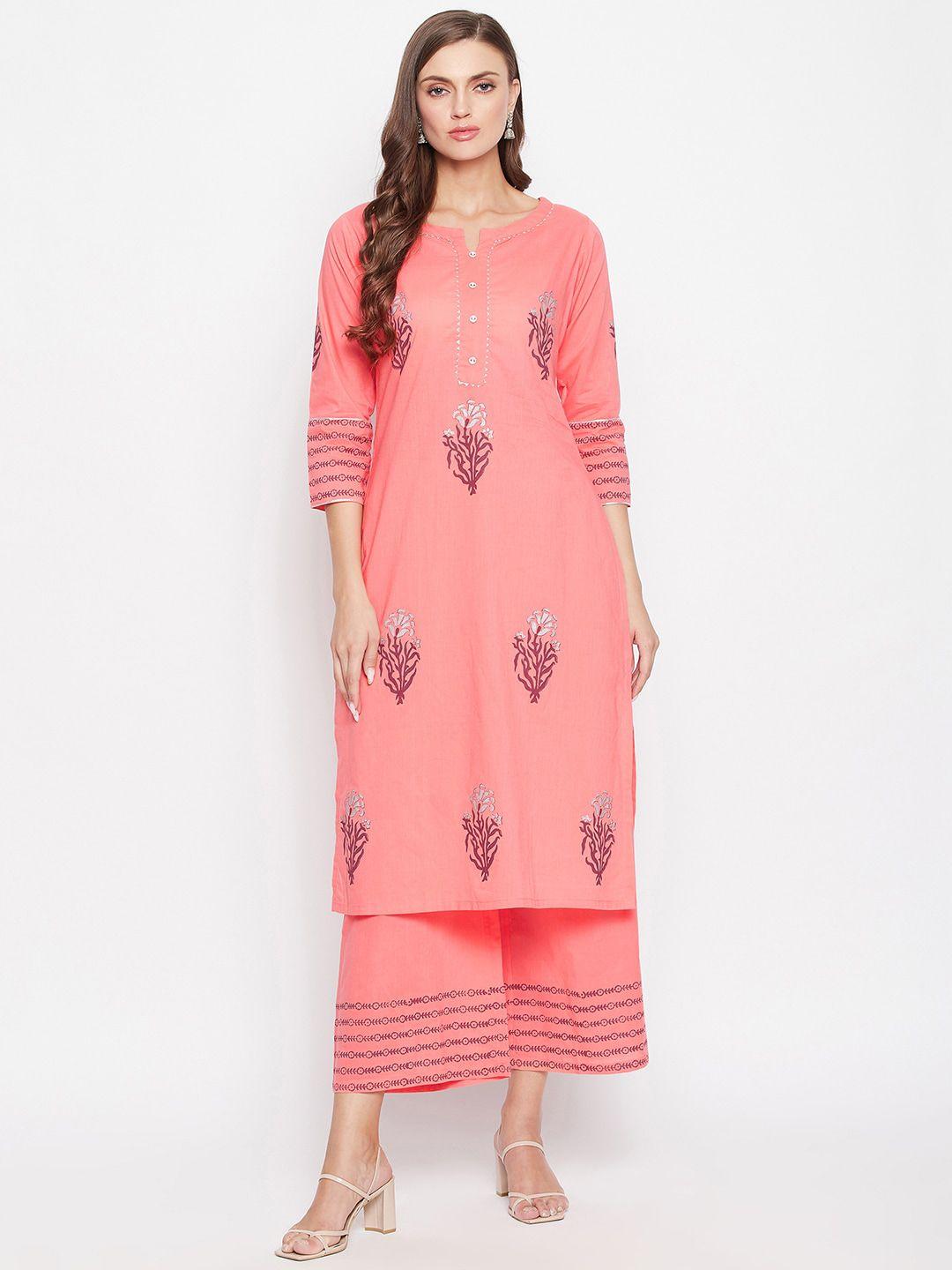 bitterlime women peach-coloured printed regular gotta patti pure cotton kurta with palazzos