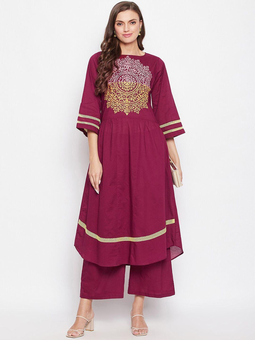 bitterlime women maroon floral printed panelled pure cotton kurta with palazzos