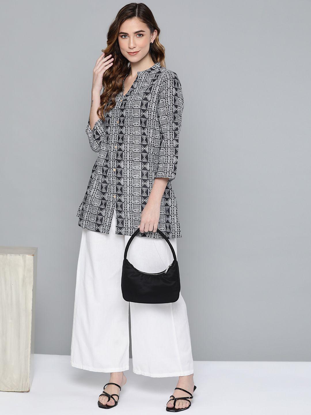 here&now black & white geometric print shirt collar pure cotton kurti