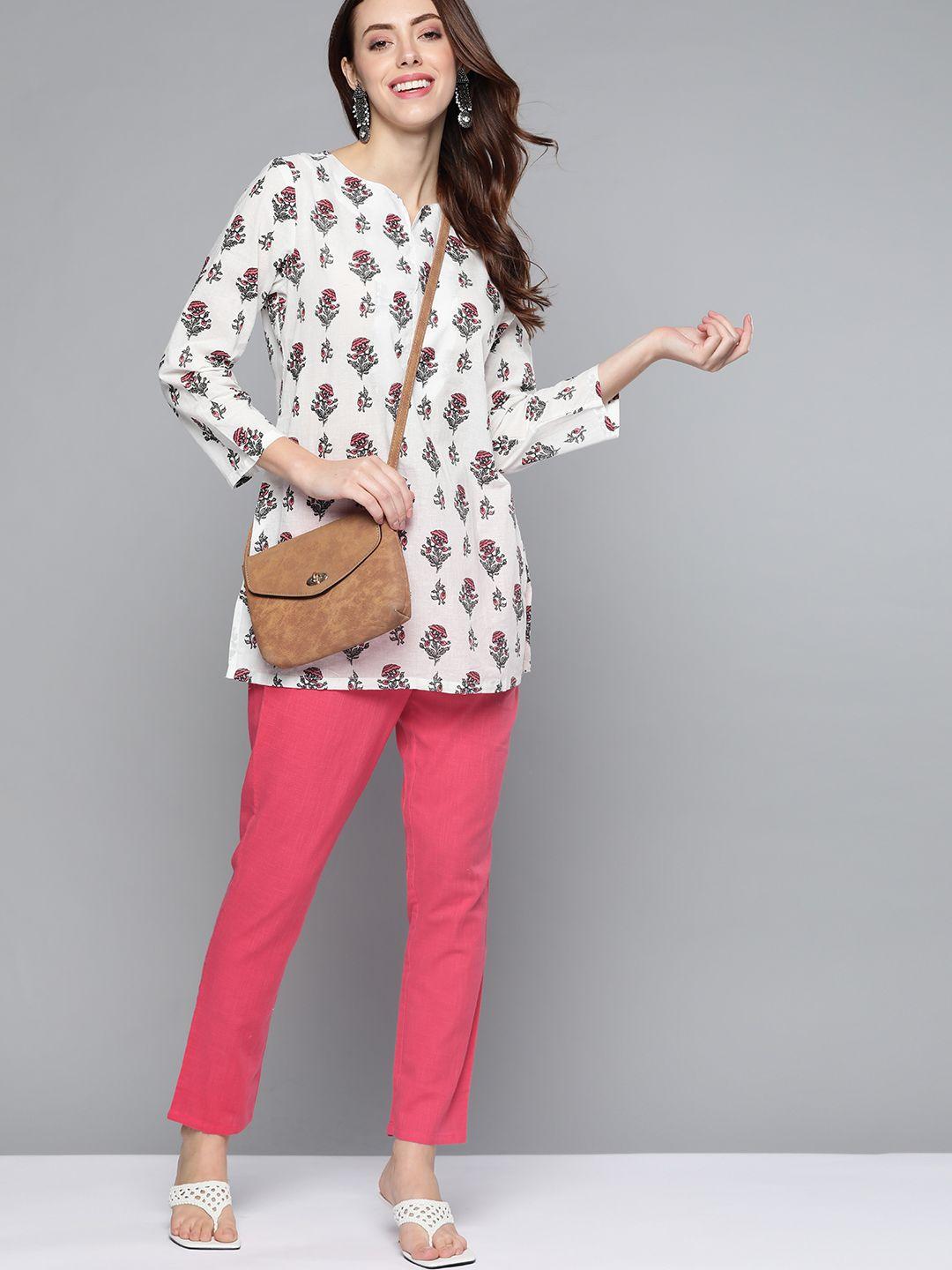 here&now white & pink ethnic motifs printed pure cotton kurti