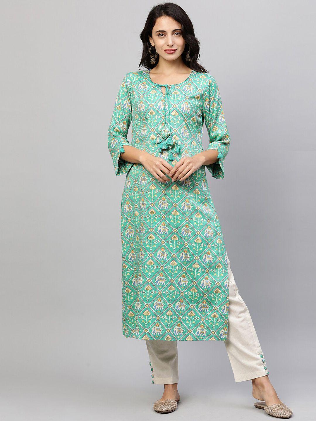 fashor women sea green ethnic motifs printed regular kurta with trousers