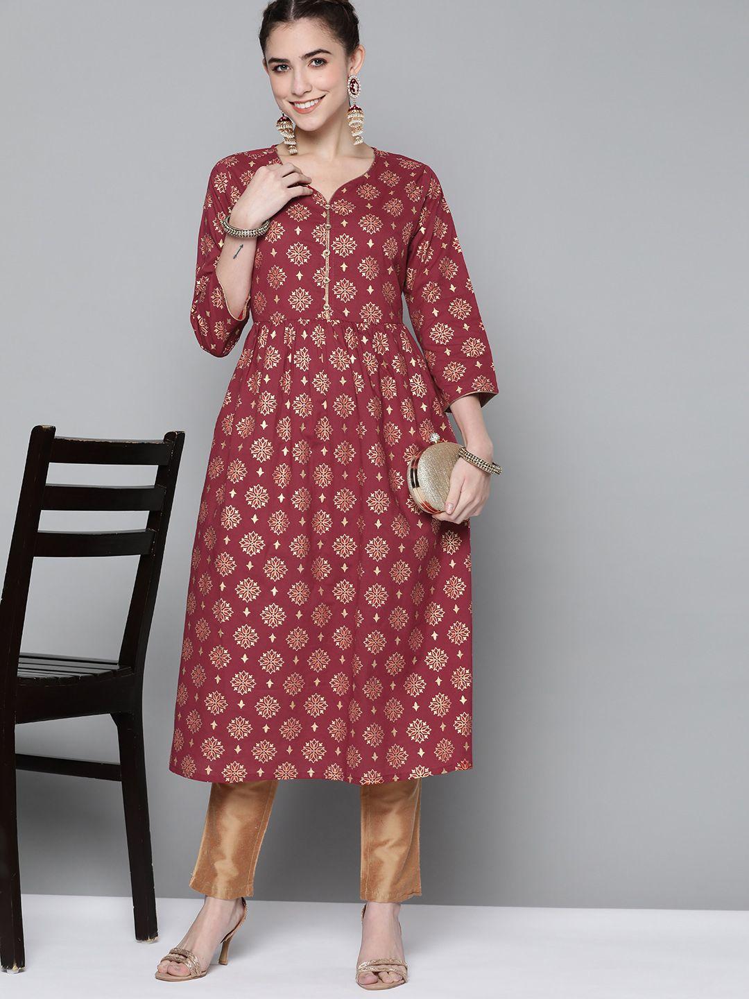 here&now women maroon & golden pure cotton ethnic motifs printed a-line kurta