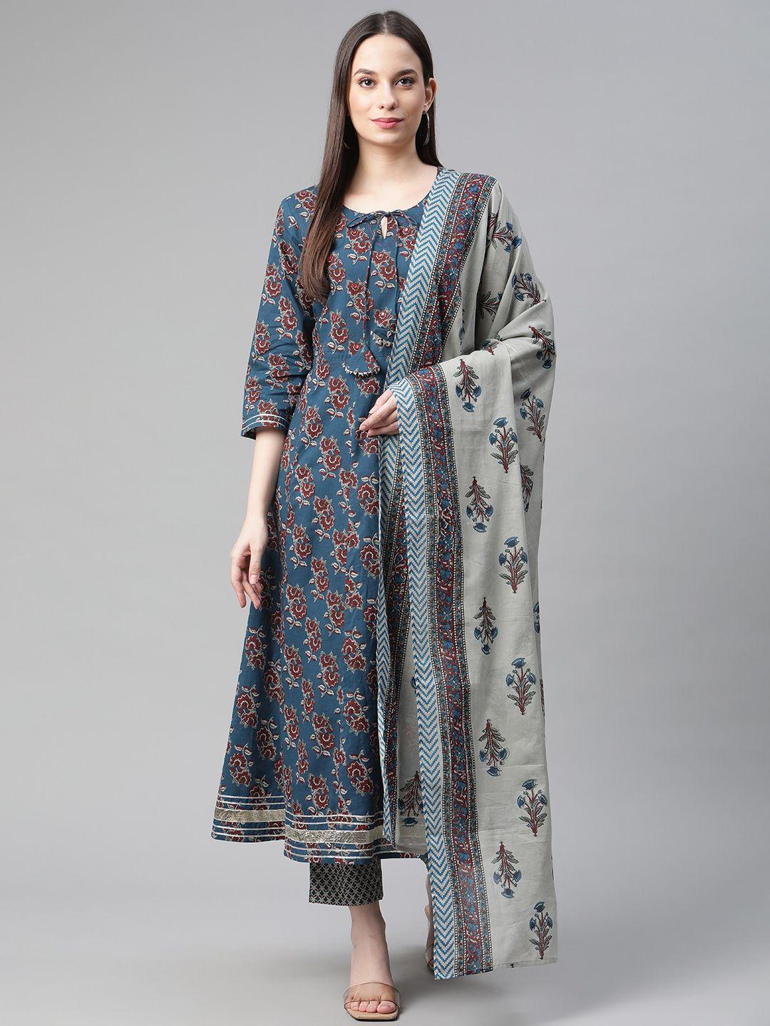 piroh women blue floral printed regular pure cotton kurta with trousers & with dupatta