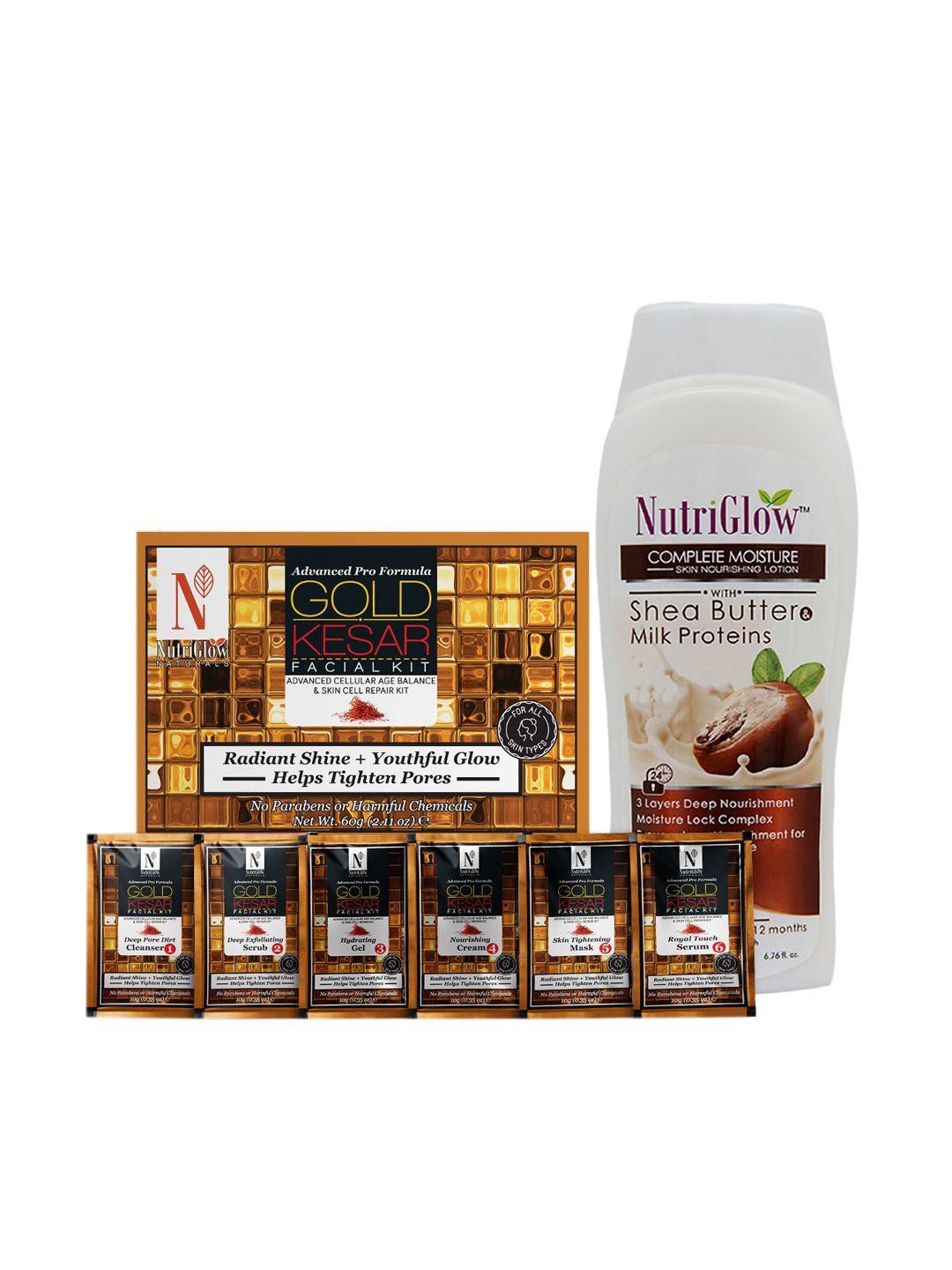 nutriglow naturals set of 2 gold kesar facial kit 60g & shea butter milk body lotion 200ml