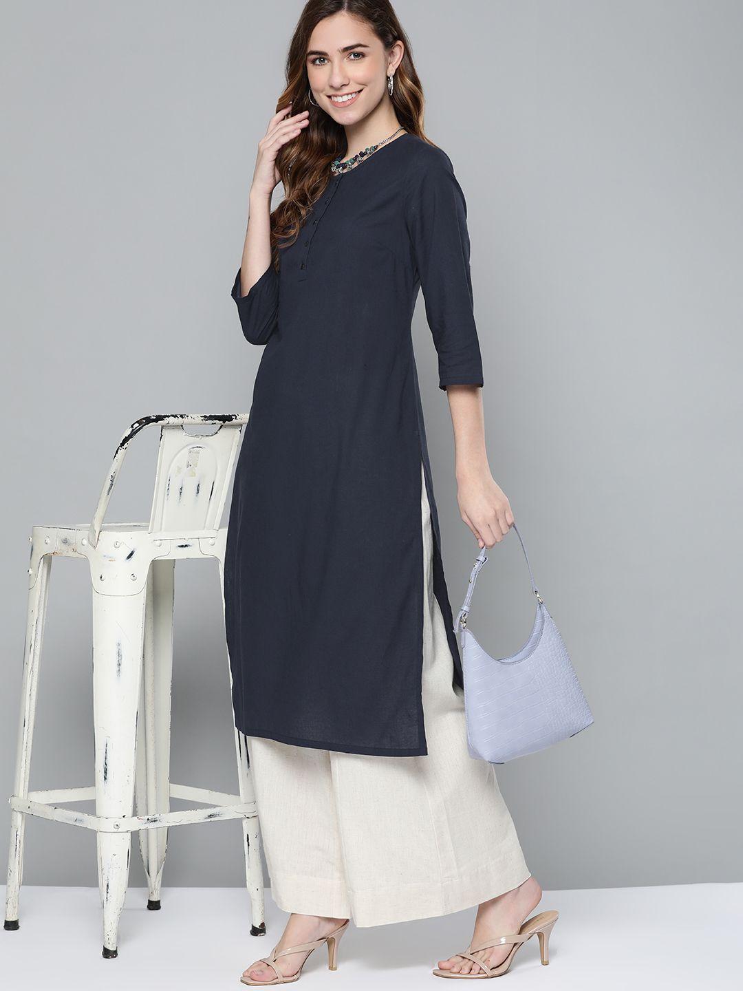 here&now women navy blue pure cotton solid kurta