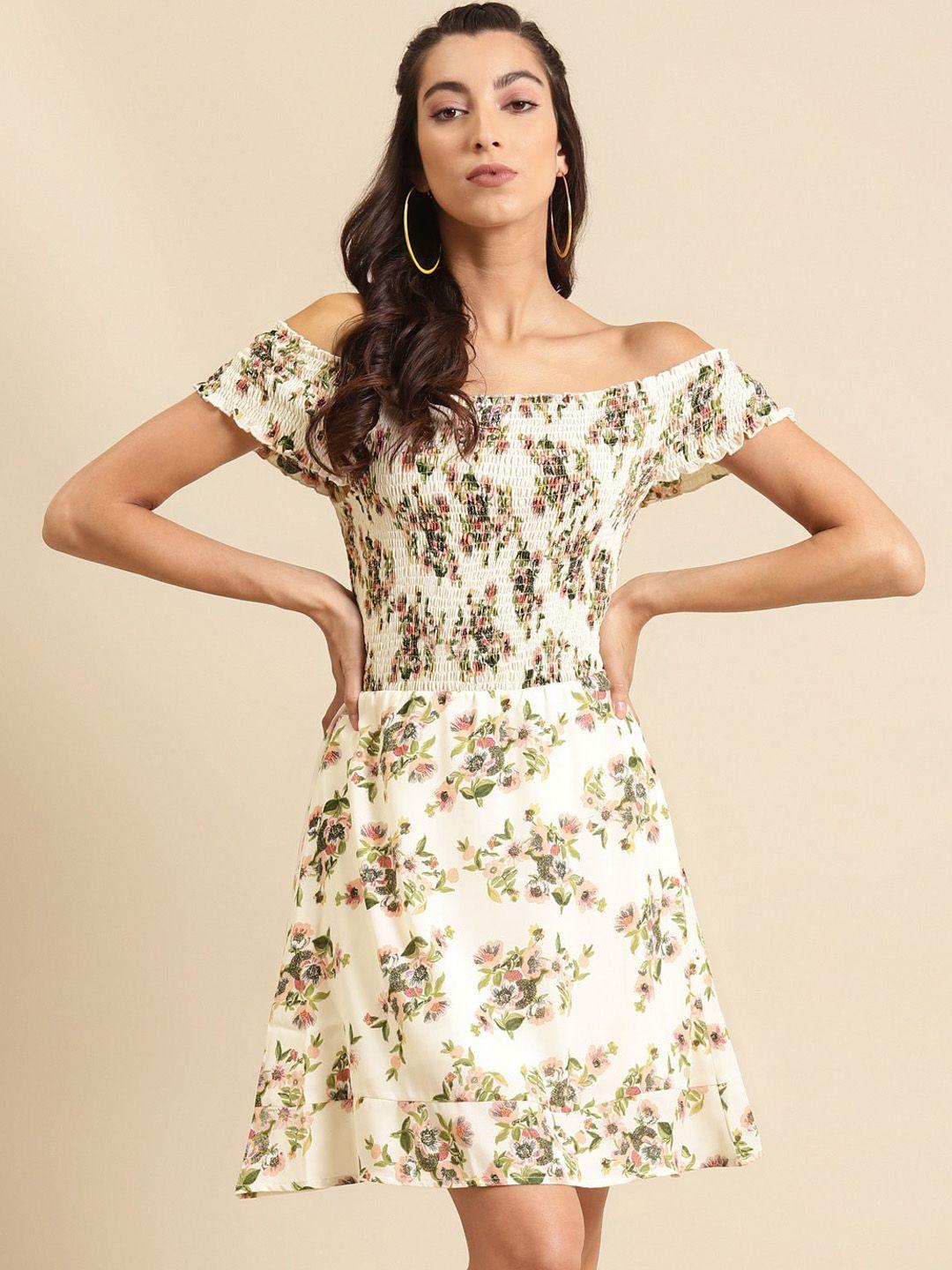 dodo & moa off white floral off-shoulder crepe dress