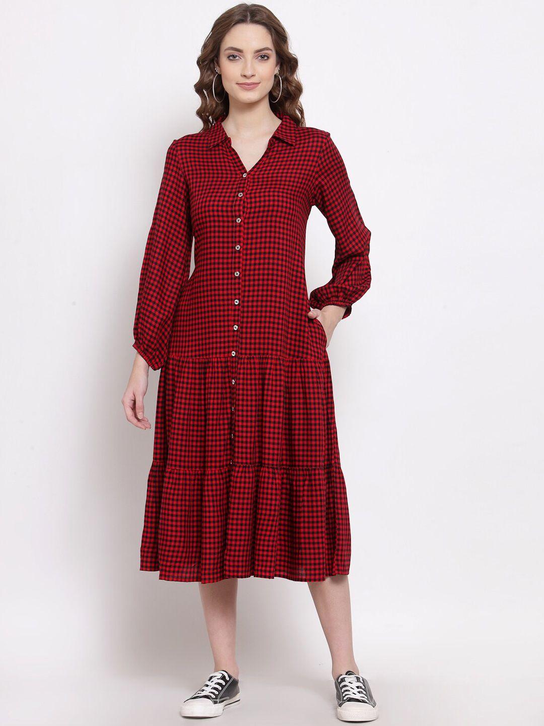 terquois women red & black checked shirt midi dress