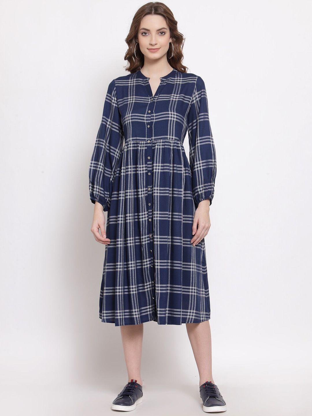 terquois women blue & white checked shirt midi dress