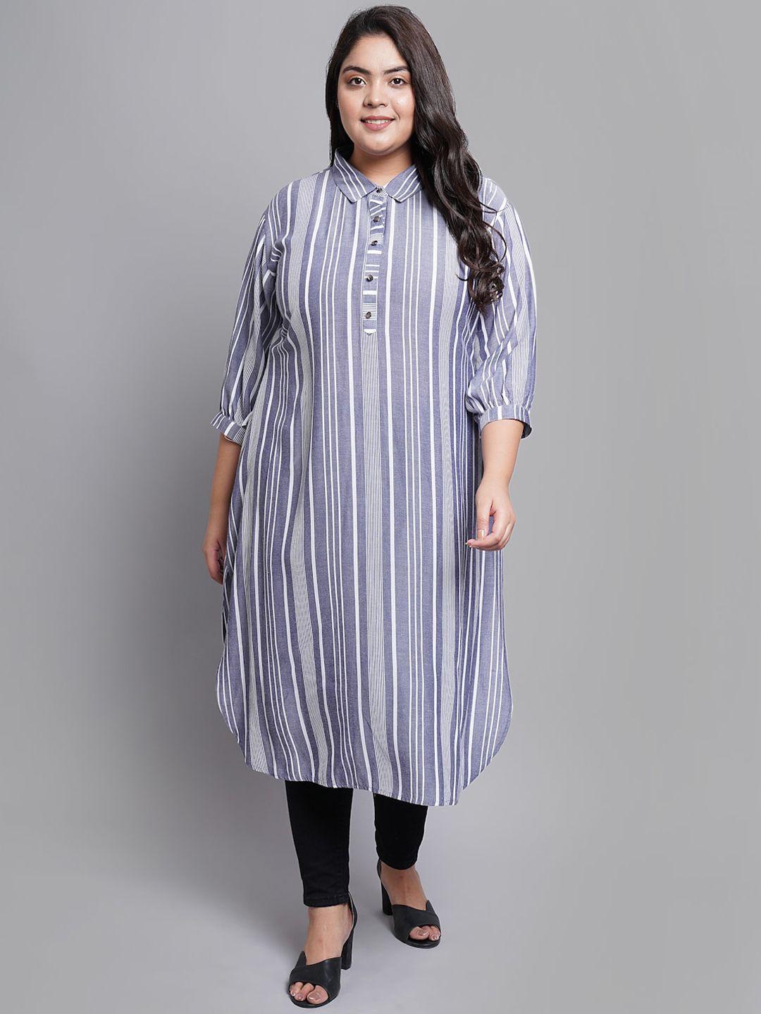 prettyplus by desinoor.com women grey & white striped pathani kurta